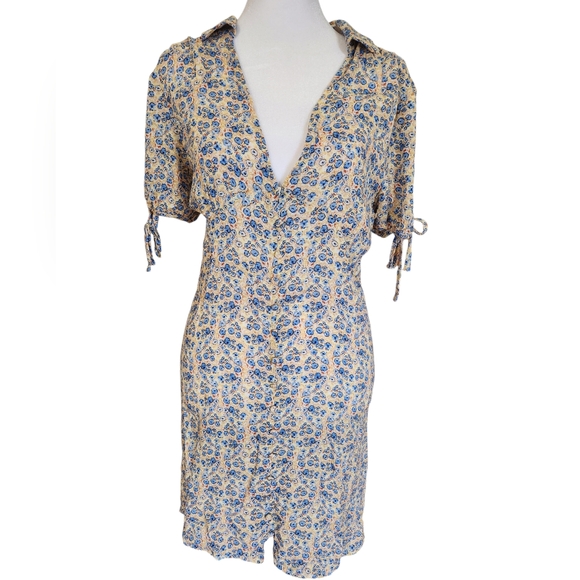 New Small En Creme Yellow Floral Collared Mini Dress - Picture 4 of 12